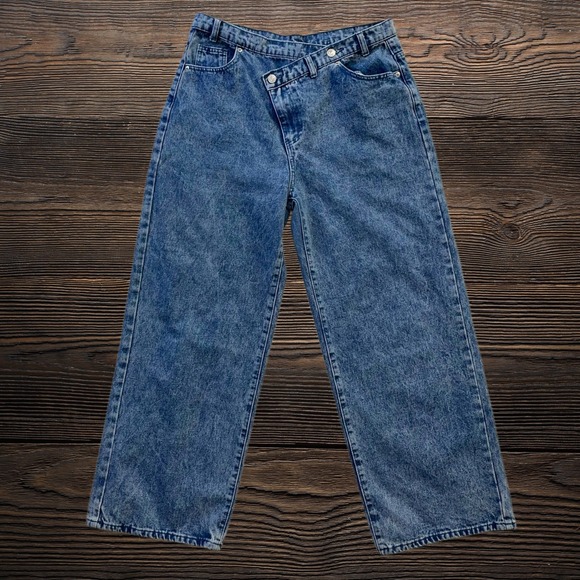 Blue Asphalt Denim - Blue Asphalt Crossover Waist Wide Leg Acid Wash Jeans Blue Denim Womens Large